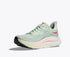 hoka clifton 10 running shoe for women, light and comfortable shoe for everyday running, sage green with rainbow details, side profile of shoe on a white background