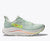 hoka clifton 10 running shoe for women, light and comfortable shoe for everyday running, sage green with rainbow details, profile of shoe on a white background