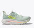hoka clifton 10 running shoe for women, light and comfortable shoe for everyday running, sage green with rainbow details, profile of shoe on a white background