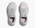 hoka clifton 10 womens, lightweight everyday running shoe, light grey colour with pink and orange details on white sole,  top down view