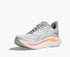 hoka clifton 10 womens, lightweight everyday running shoe, light grey colour with pink and orange details on white sole, side profile angle