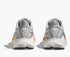 hoka clifton 10 womens, lightweight everyday running shoe, light grey colour with pink and orange details on white sole, side profile heel close up