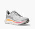 hoka clifton 10 womens, lightweight everyday running shoe, light grey colour with pink and orange details on white sole, side profile angle