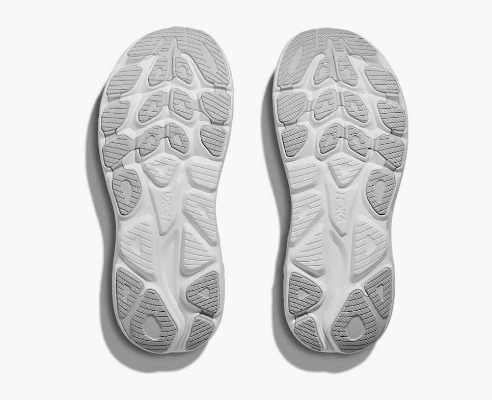 hoka clifton 10 womens, lightweight everyday running shoe, light grey colour with pink and orange details on white sole, white and grey sole