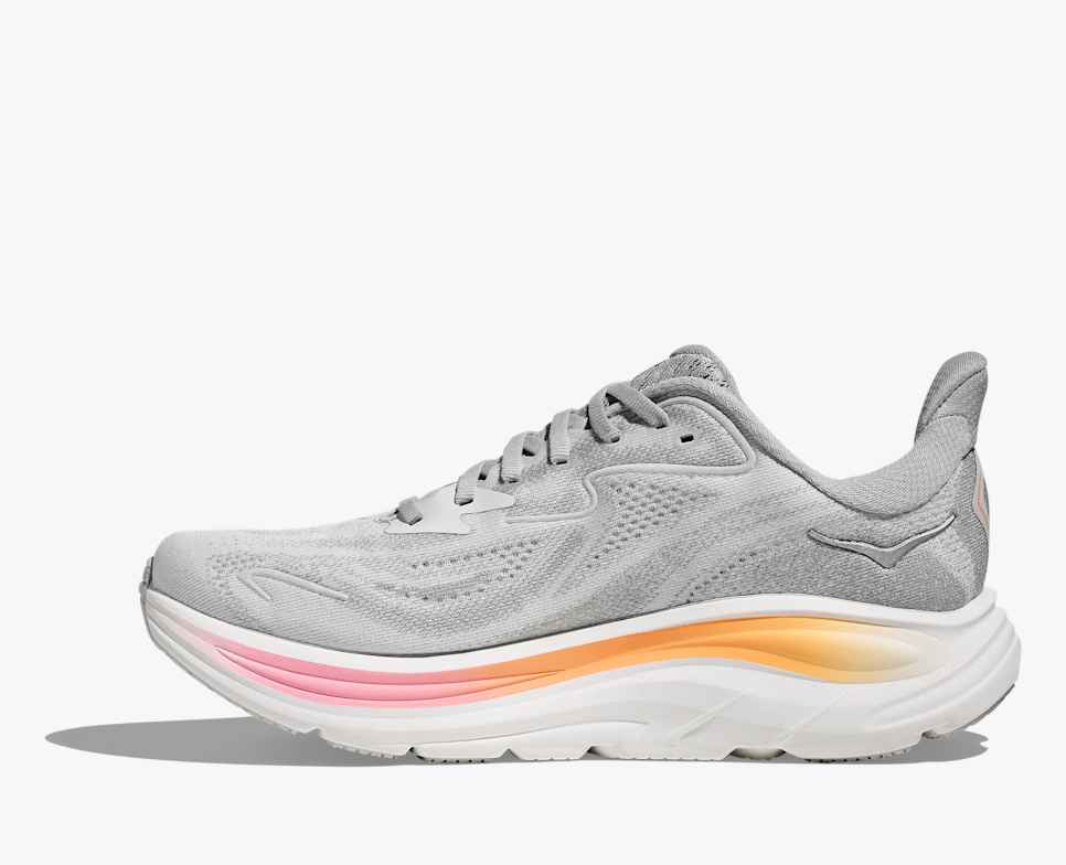 hoka clifton 10 womens, lightweight everyday running shoe, light grey colour with pink and orange details on white sole, inside profile