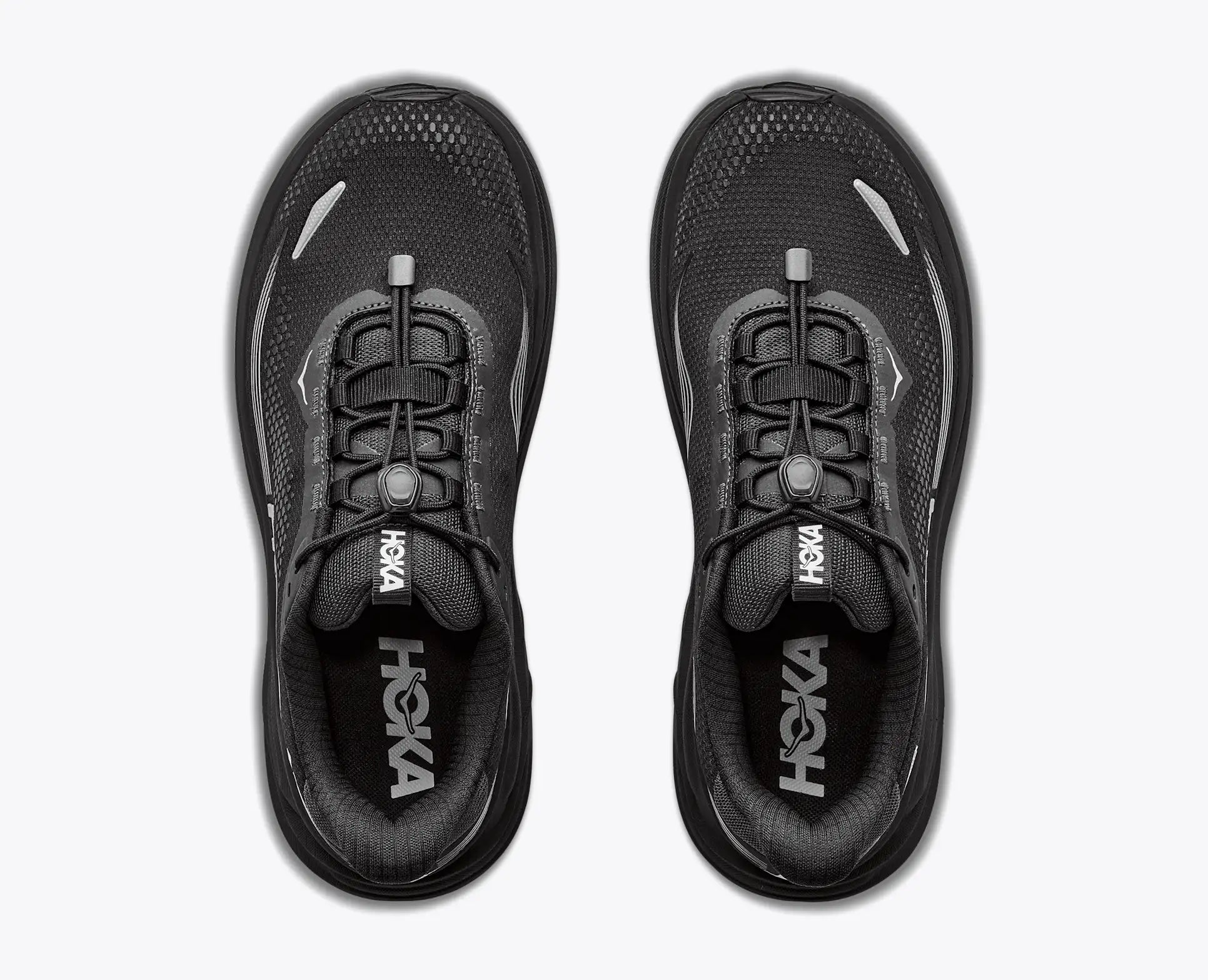 hoka clifton 11 GTX mens, lightweight cushioned waterproof road running and walking shoe with quick elastic tie, black with black sole and reflective silver details, top of shoe