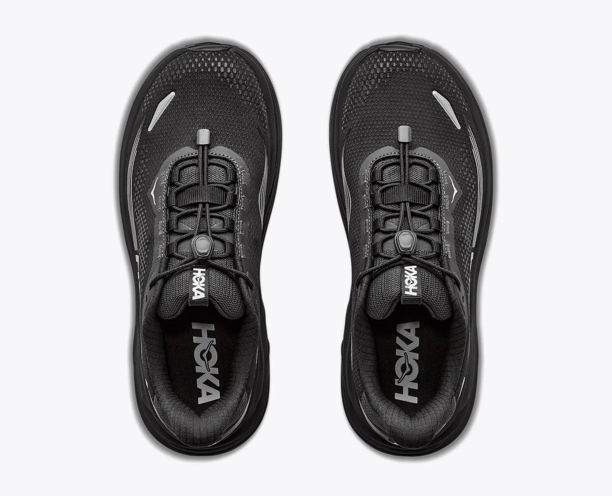 hoka clifton 11 GTX mens, lightweight cushioned waterproof road running and walking shoe with quick elastic tie, black with black sole and reflective silver details, top of shoe