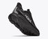 hoka clifton 11 GTX mens, lightweight cushioned waterproof road running and walking shoe with quick elastic tie, black with black sole and reflective silver details, back of shoe with heel lifted