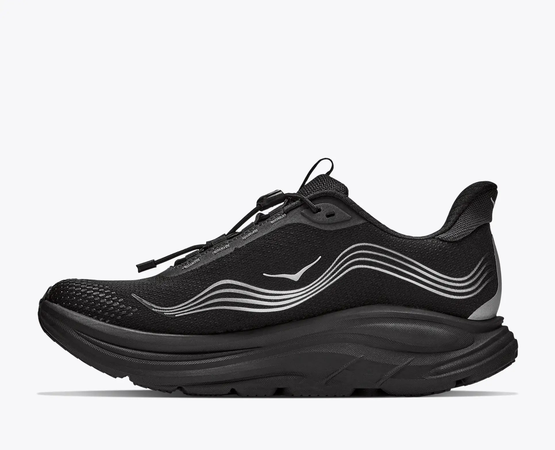 hoka clifton 11 GTX mens, lightweight cushioned waterproof road running and walking shoe with quick elastic tie, black with black sole and reflective silver details, inside profile of shoe