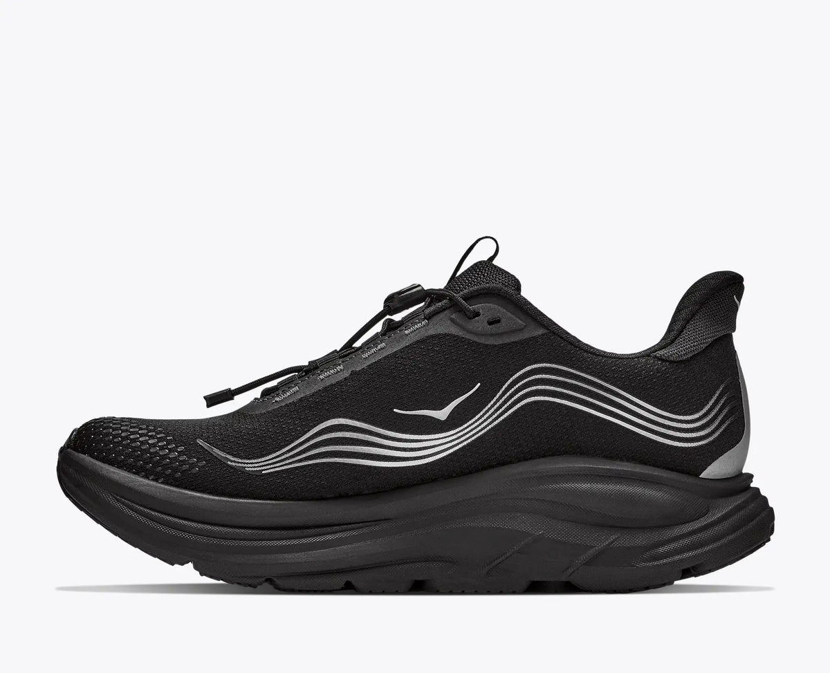 hoka clifton 11 GTX mens, lightweight cushioned waterproof road running and walking shoe with quick elastic tie, black with black sole and reflective silver details, inside profile of shoe