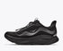 hoka clifton 11 GTX mens, lightweight cushioned waterproof road running and walking shoe with quick elastic tie, black with black sole and reflective silver details, inside profile of shoe