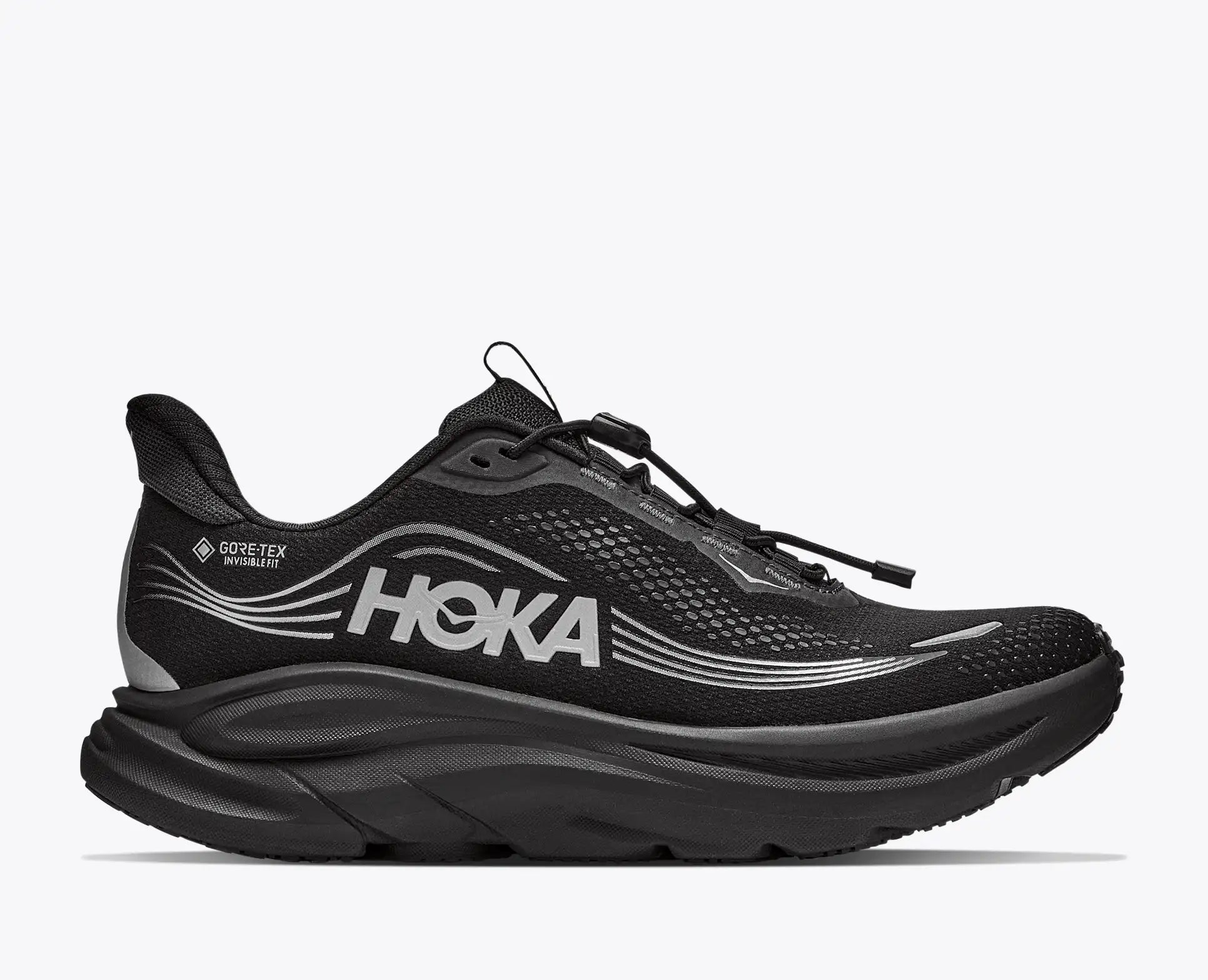 hoka clifton 11 GTX mens, lightweight cushioned waterproof road running and walking shoe with quick elastic tie, black with black sole and reflective silver details, side profile of shoe