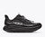 hoka clifton 11 GTX mens, lightweight cushioned waterproof road running and walking shoe with quick elastic tie, black with black sole and reflective silver details, side profile of shoe