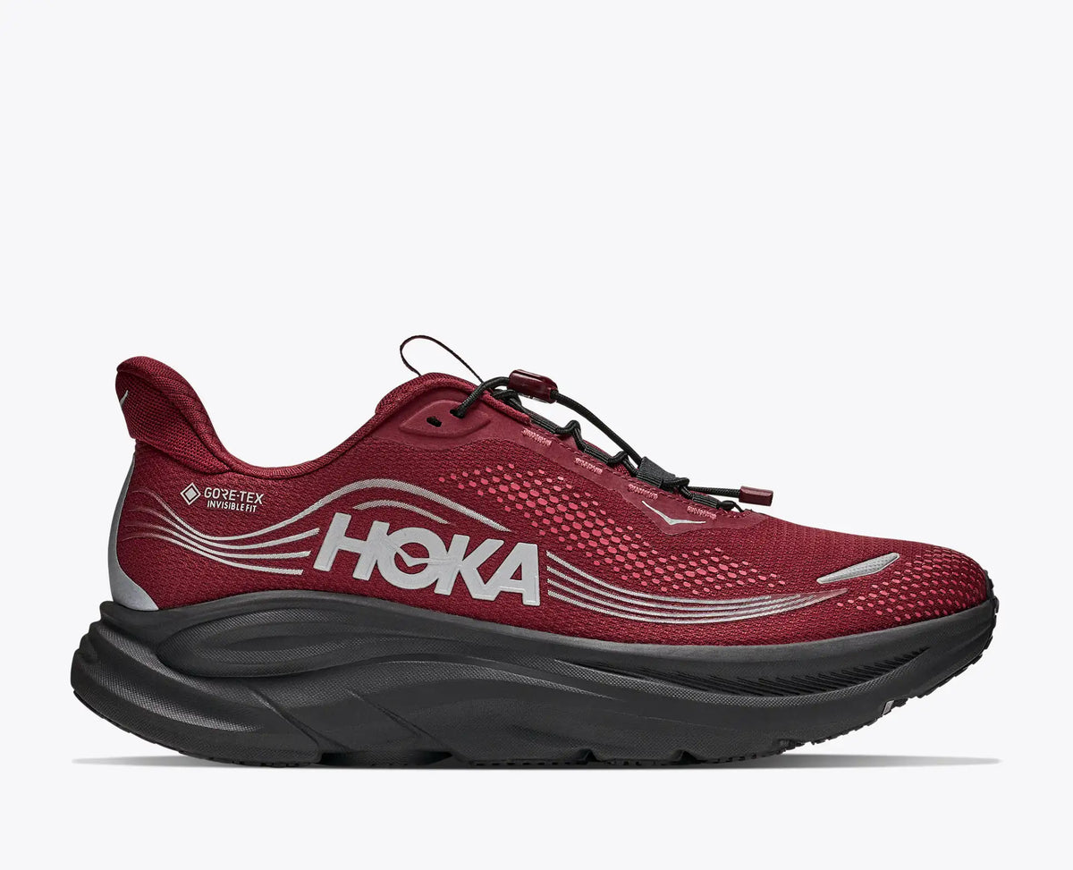 hoka clifton 11 GTX mens, lightweight cushioned waterproof road running and walking shoe with quick elastic tie, dark red with black sole, side profile of shoe