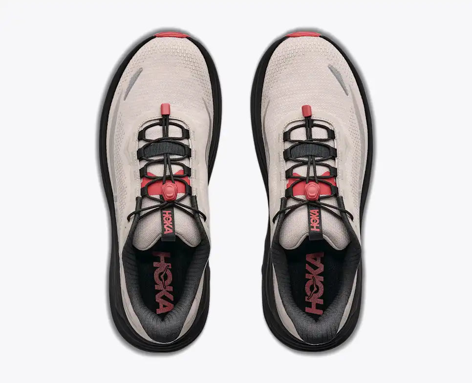 Hoka Clifton 11 GORE-TEX mens in a grey upper with a black sole and red details on the laces and sole. The Clifton 11 GORE-TEX® is engineered to seal out the elements with a GORE-TEX® Invisible Fit membrane, closed mesh upper, and water-repellant coating. Top down view of both shoes.