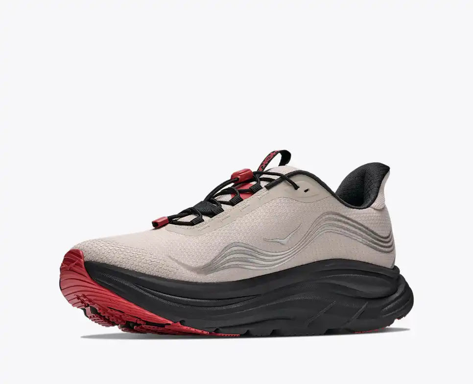Hoka Clifton 11 GORE-TEX mens in a grey upper with a black sole and red details on the laces and sole. The Clifton 11 GORE-TEX® is engineered to seal out the elements with a GORE-TEX® Invisible Fit membrane, closed mesh upper, and water-repellant coating. Front side view of shoe.