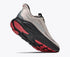 Hoka Clifton 11 GORE-TEX mens in a grey upper with a black sole and red details on the laces and sole. The Clifton 11 GORE-TEX® is engineered to seal out the elements with a GORE-TEX® Invisible Fit membrane, closed mesh upper, and water-repellant coating. Low side profile view of shoe.