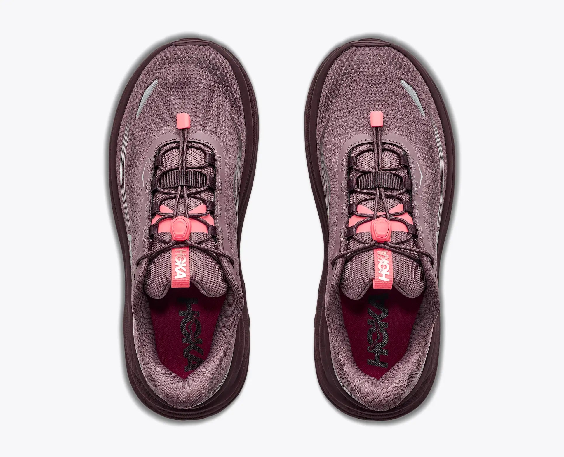 hoka clifton 11 gtx for women, waterproof lightweight road running and walking shoe, dark purple colour with silver reflective logo and pink details, top down view of shoe