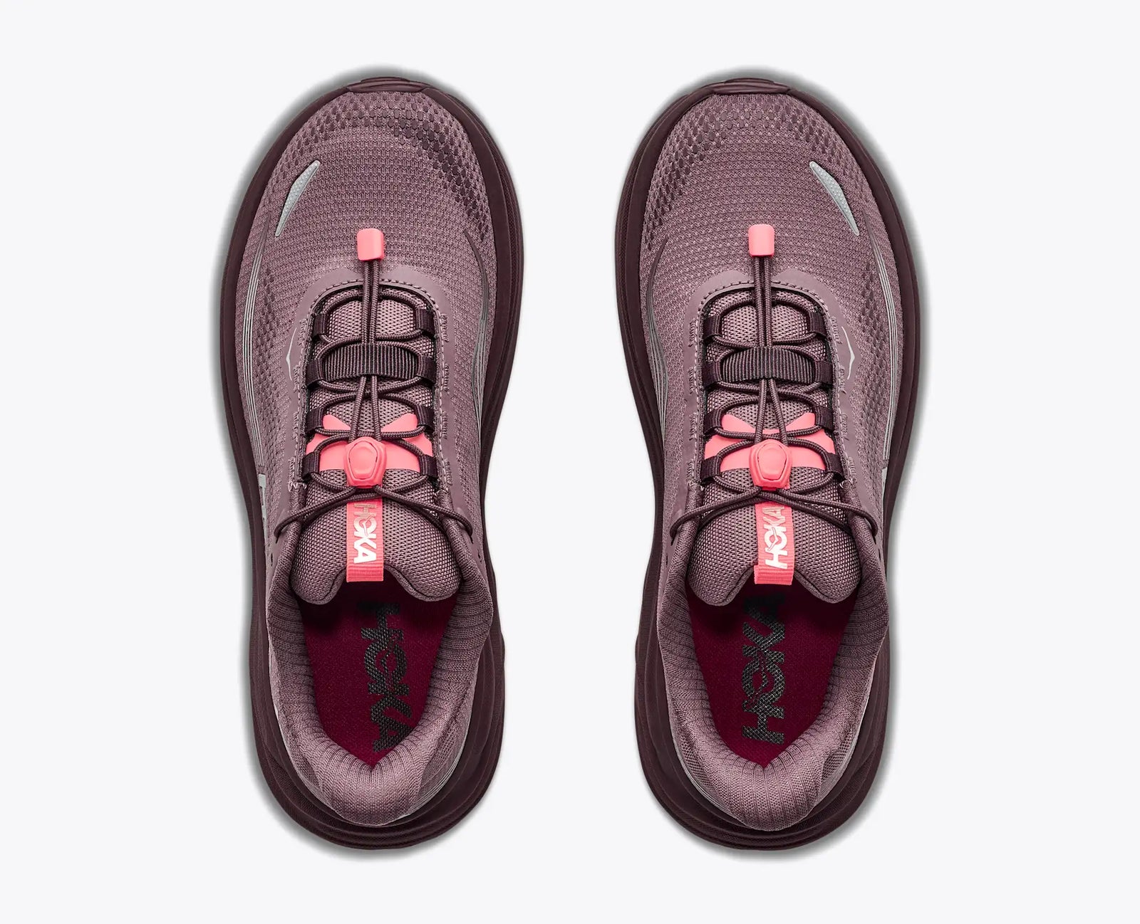 hoka clifton 11 gtx for women, waterproof lightweight road running and walking shoe, dark purple colour with silver reflective logo and pink details, top down view of shoe