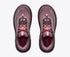 hoka clifton 11 gtx for women, waterproof lightweight road running and walking shoe, dark purple colour with silver reflective logo and pink details, top down view of shoe