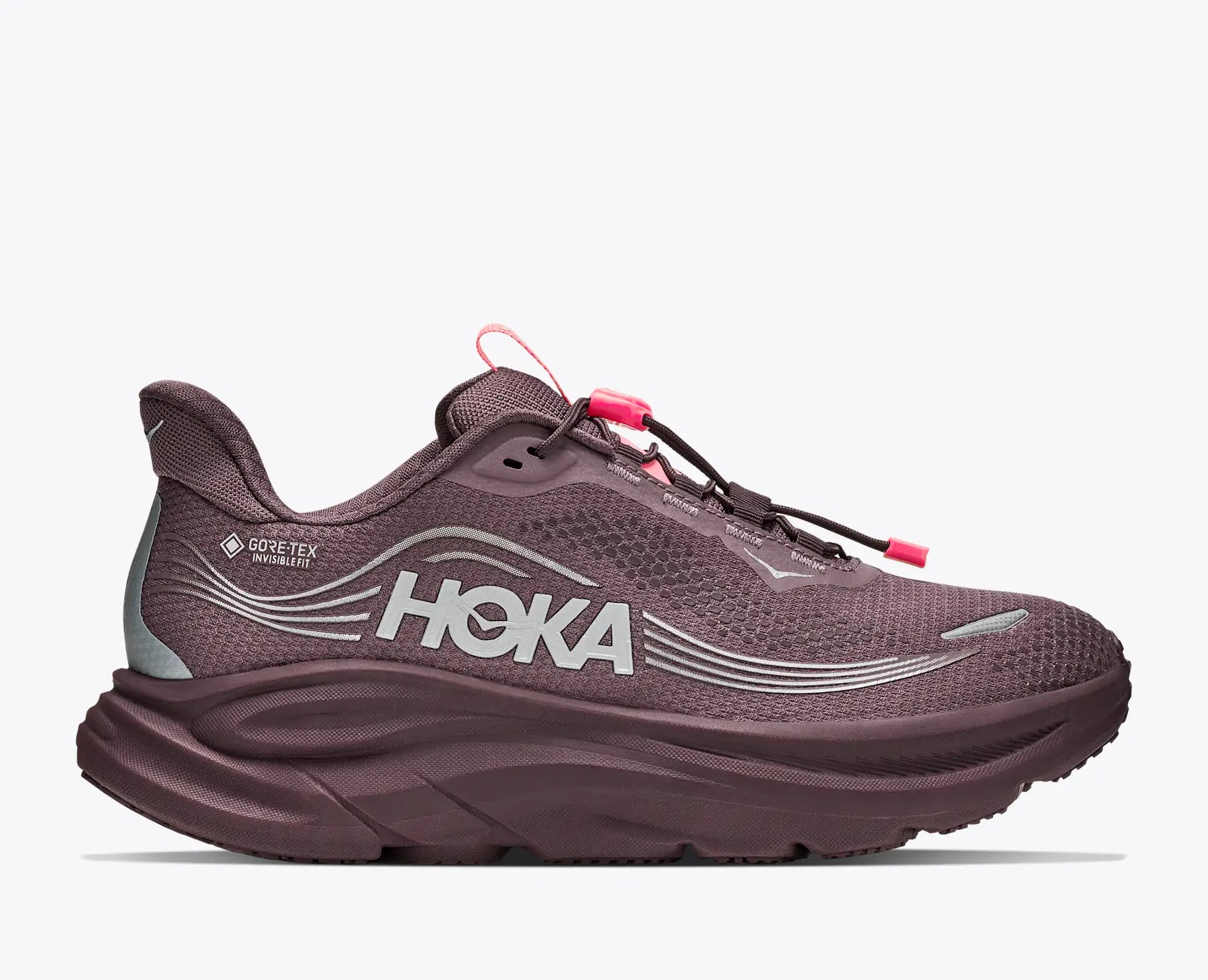 hoka clifton 11 gtx for women, waterproof lightweight road running and walking shoe, dark purple colour with silver reflective logo and pink details, side profile of shoe 