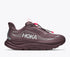 hoka clifton 11 gtx for women, waterproof lightweight road running and walking shoe, dark purple colour with silver reflective logo and pink details, side profile of shoe 