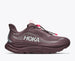 hoka clifton 11 gtx for women, waterproof lightweight road running and walking shoe, dark purple colour with silver reflective logo and pink details, side profile of shoe 