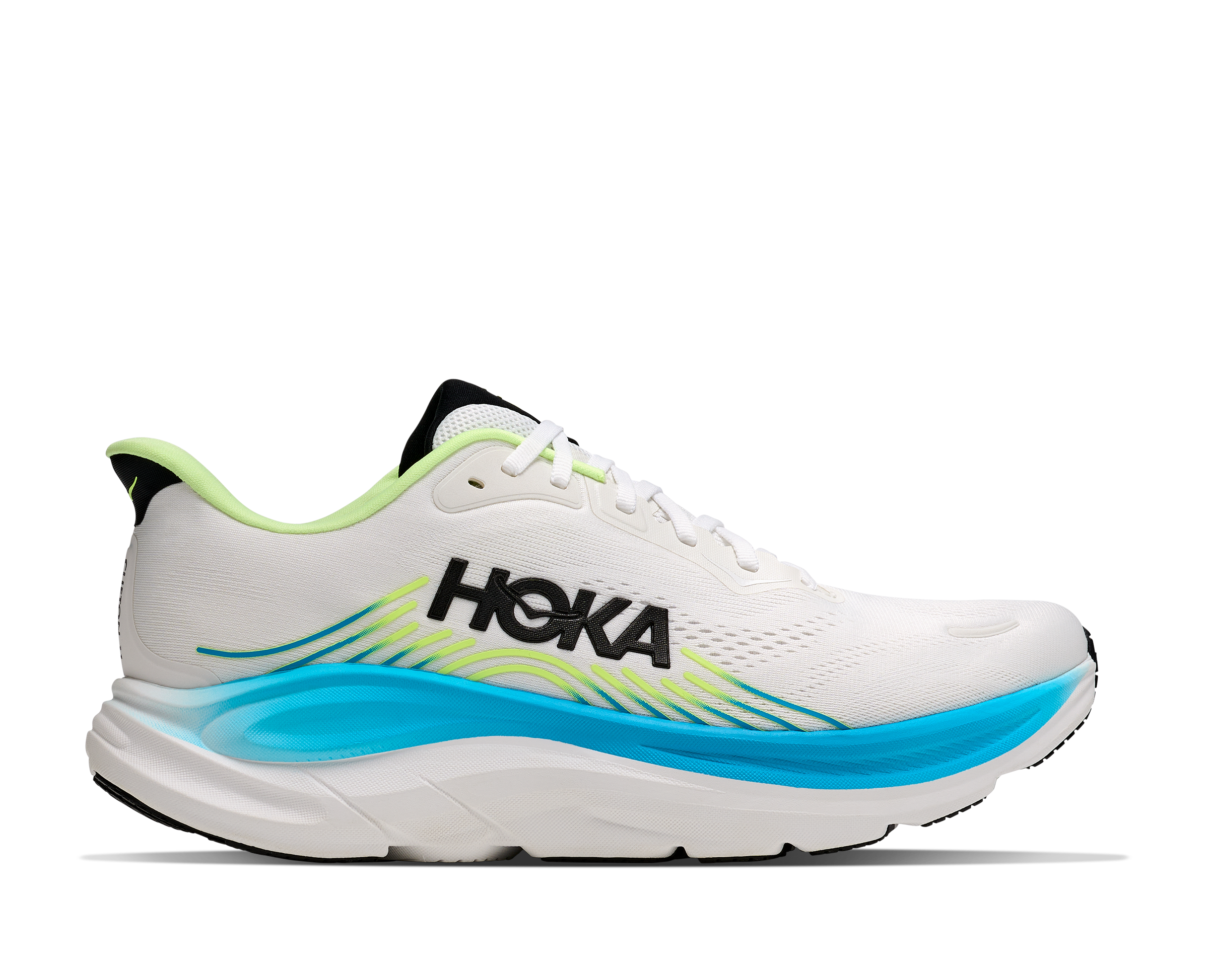 hoka clifton 11 for men, lightweight cushioned road running and walking shoes, white with lime green and blue details, side profile of shoe