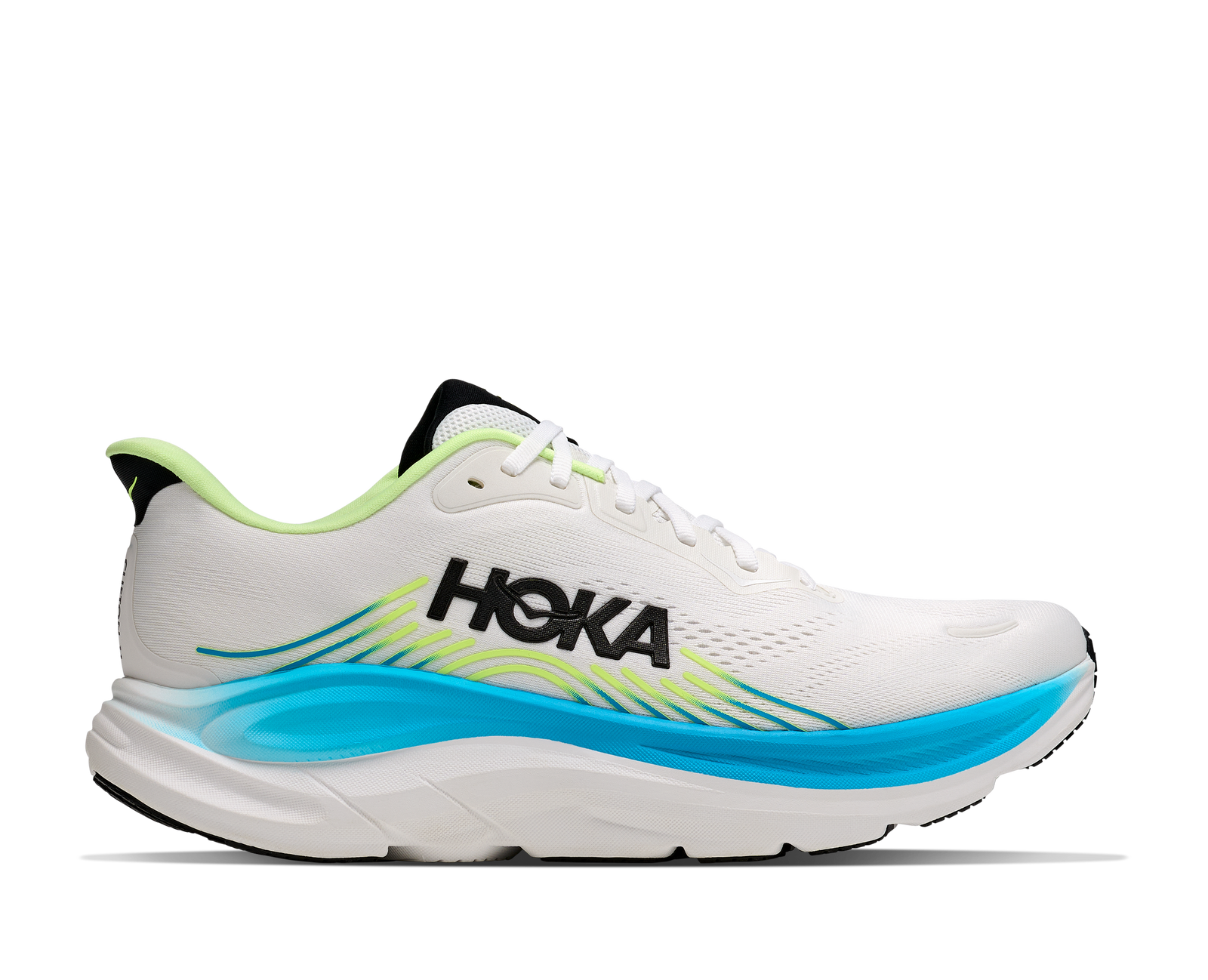 hoka clifton 11 for men, lightweight cushioned road running and walking shoes, white with lime green and blue details, side profile of shoe