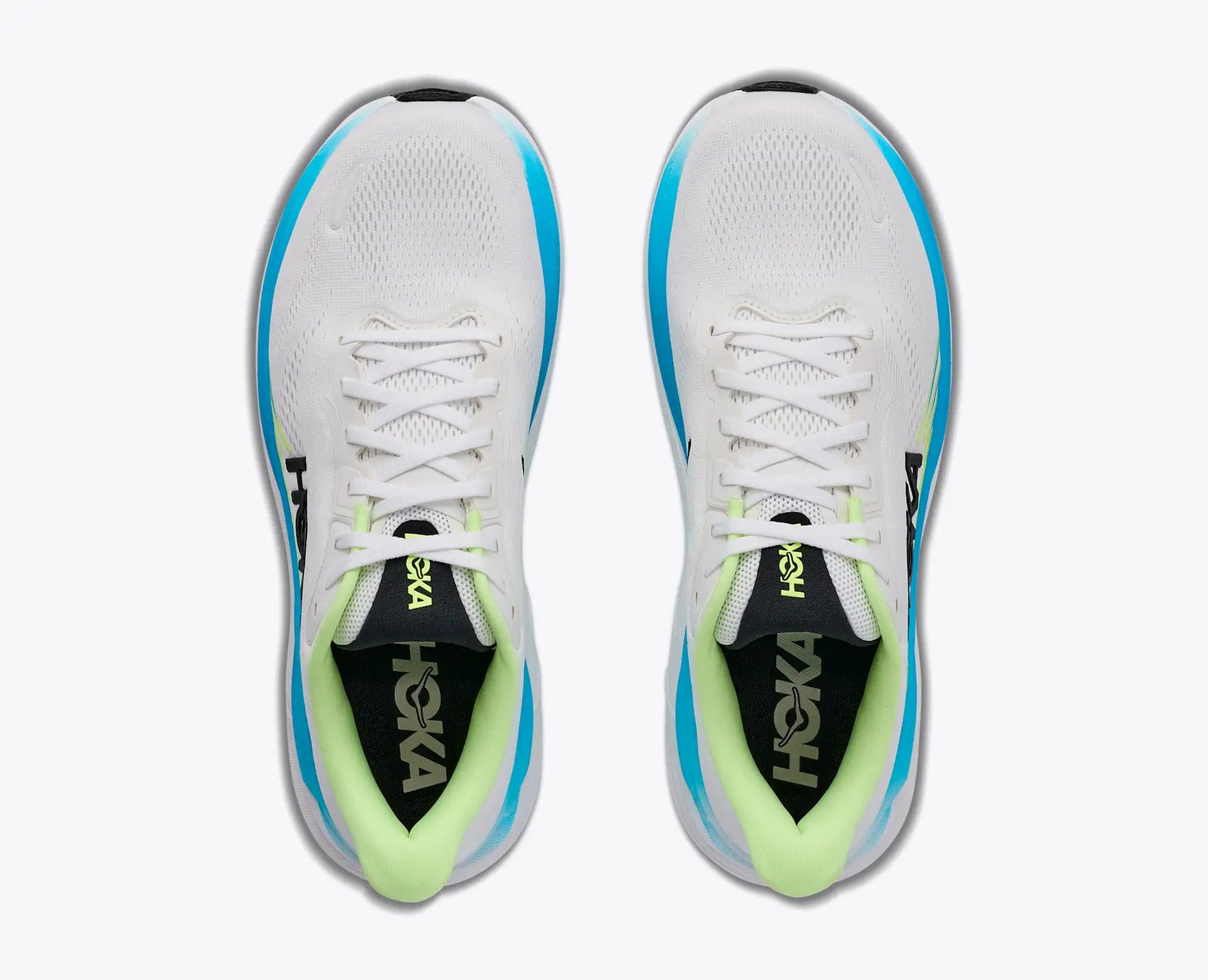 hoka clifton 11 for men, lightweight cushioned road running and walking shoes, white with lime green and blue details, top of shoes