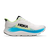 hoka clifton 11 for men, lightweight cushioned road running and walking shoes, white with lime green and blue details, side profile of shoe