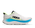 hoka clifton 11 for men, lightweight cushioned road running and walking shoes, white with lime green and blue details, side profile of shoe