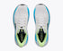 hoka clifton 11 for men, lightweight cushioned road running and walking shoes, white with lime green and blue details, top of shoes