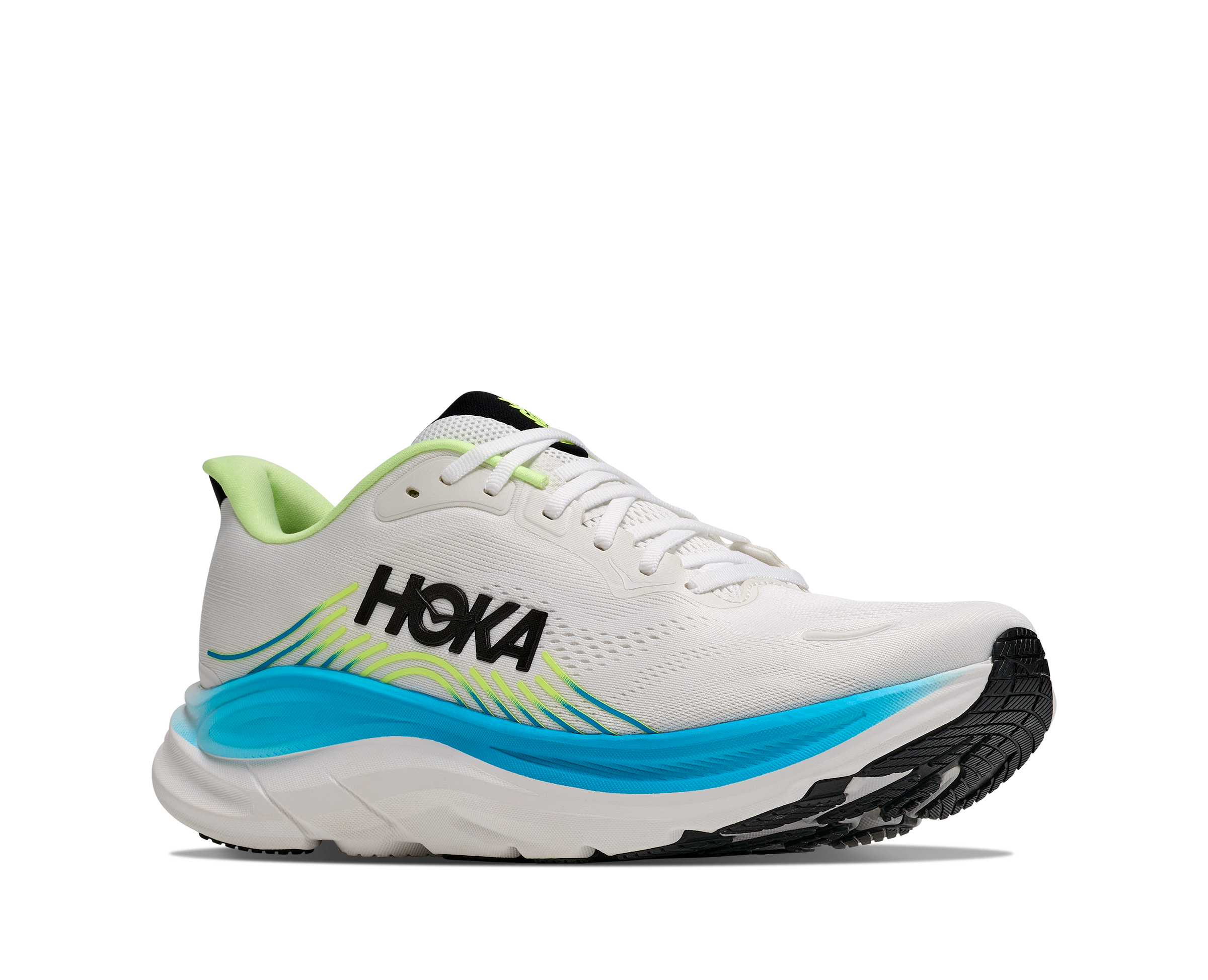 hoka clifton 11 for men, lightweight cushioned road running and walking shoes, white with lime green and blue details, side angle profile of shoe