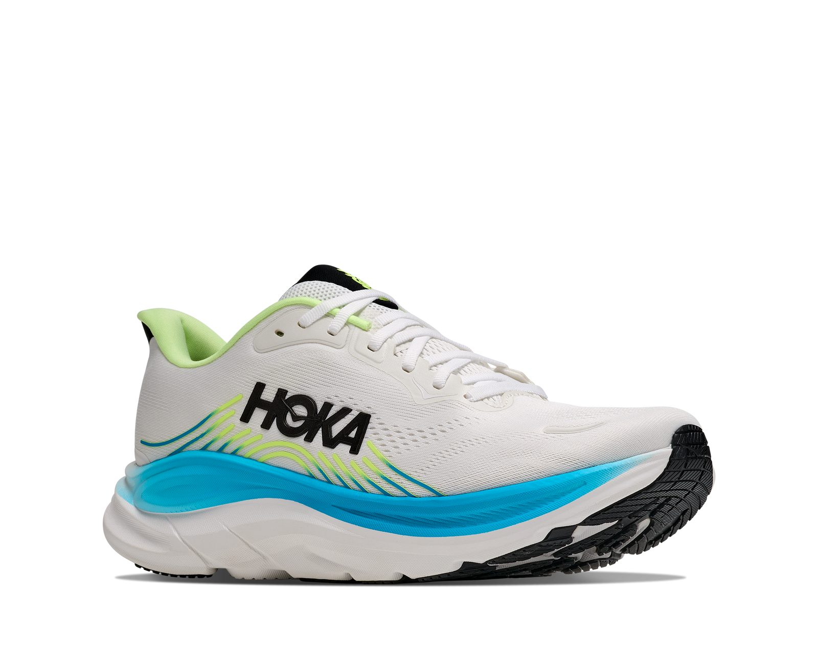 hoka clifton 11 for men, lightweight cushioned road running and walking shoes, white with lime green and blue details, side angle profile of shoe