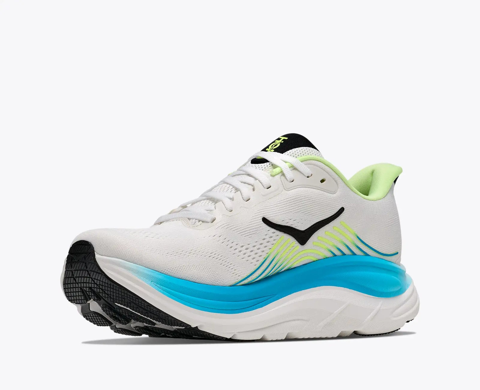 hoka clifton 11 for men, lightweight cushioned road running and walking shoes, white with lime green and blue details, inside angled profile of shoe