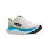 hoka clifton 11 for men, lightweight cushioned road running and walking shoes, white with lime green and blue details, side angle profile of shoe
