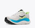 hoka clifton 11 for men, lightweight cushioned road running and walking shoes, white with lime green and blue details, inside angled profile of shoe