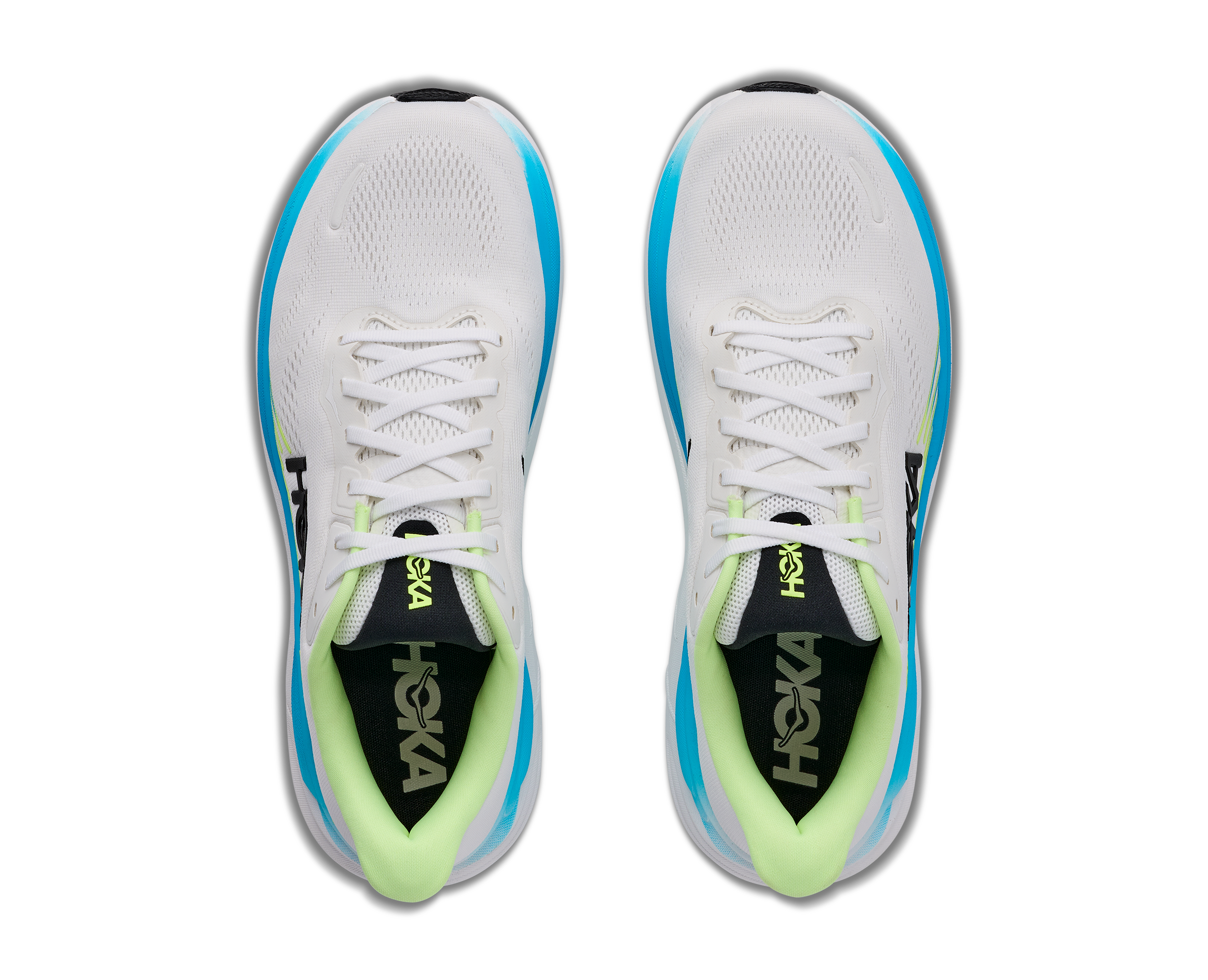 hoka clifton 11 for men, lightweight cushioned road running and walking shoes, white with lime green and blue details, top of shoes