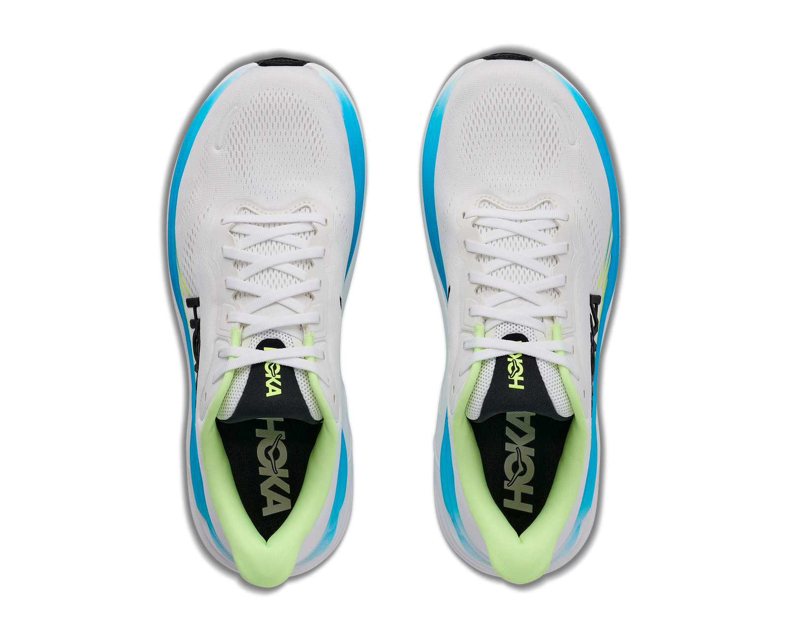 hoka clifton 11 for men, lightweight cushioned road running and walking shoes, white with lime green and blue details, top of shoes