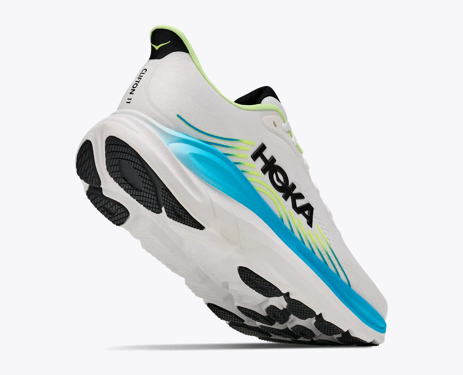 hoka clifton 11 for men, lightweight cushioned road running and walking shoes, white with lime green and blue details, heel and underfoot of shoe