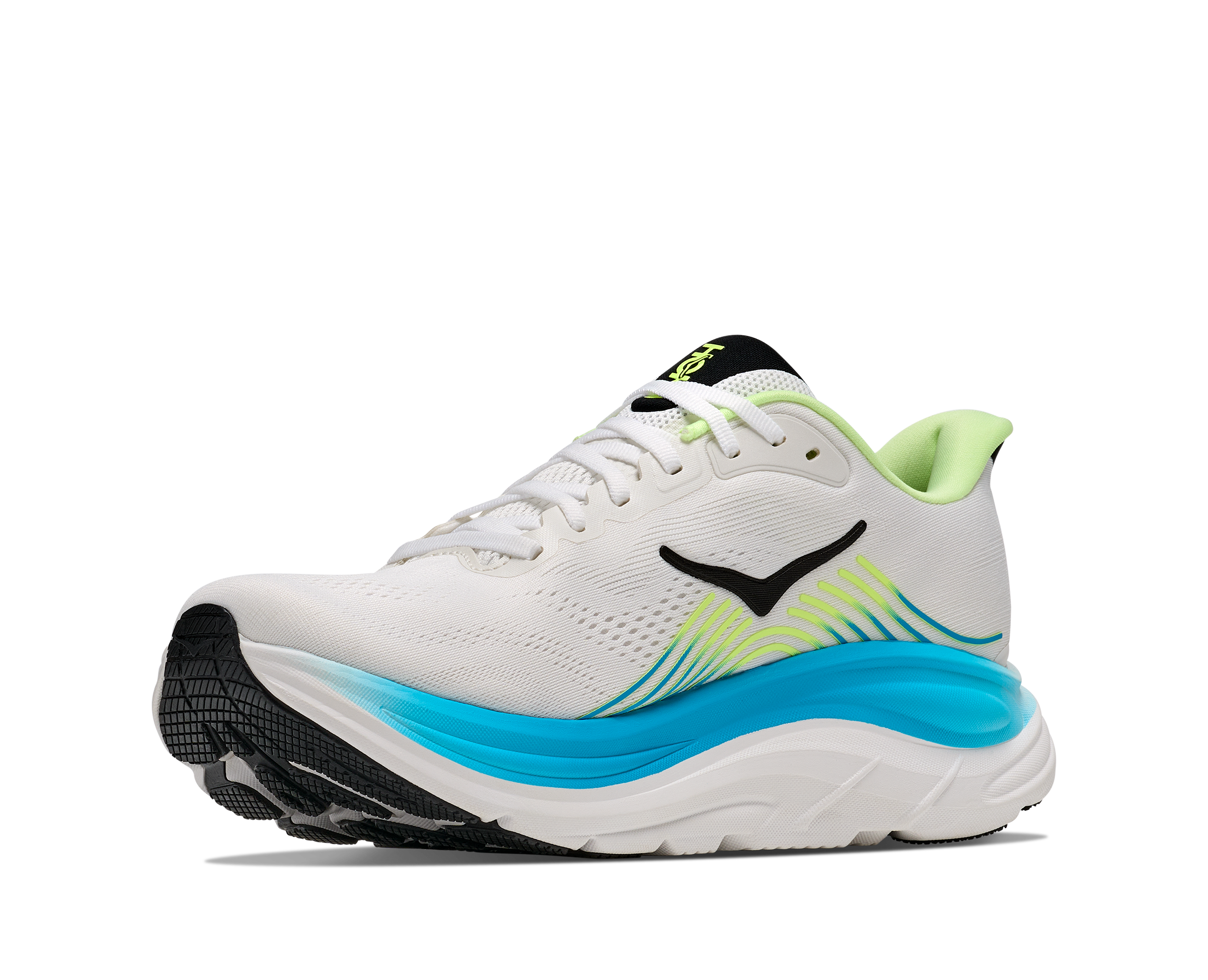 hoka clifton 11 for men, lightweight cushioned road running and walking shoes, white with lime green and blue details, inside angle profile of shoe