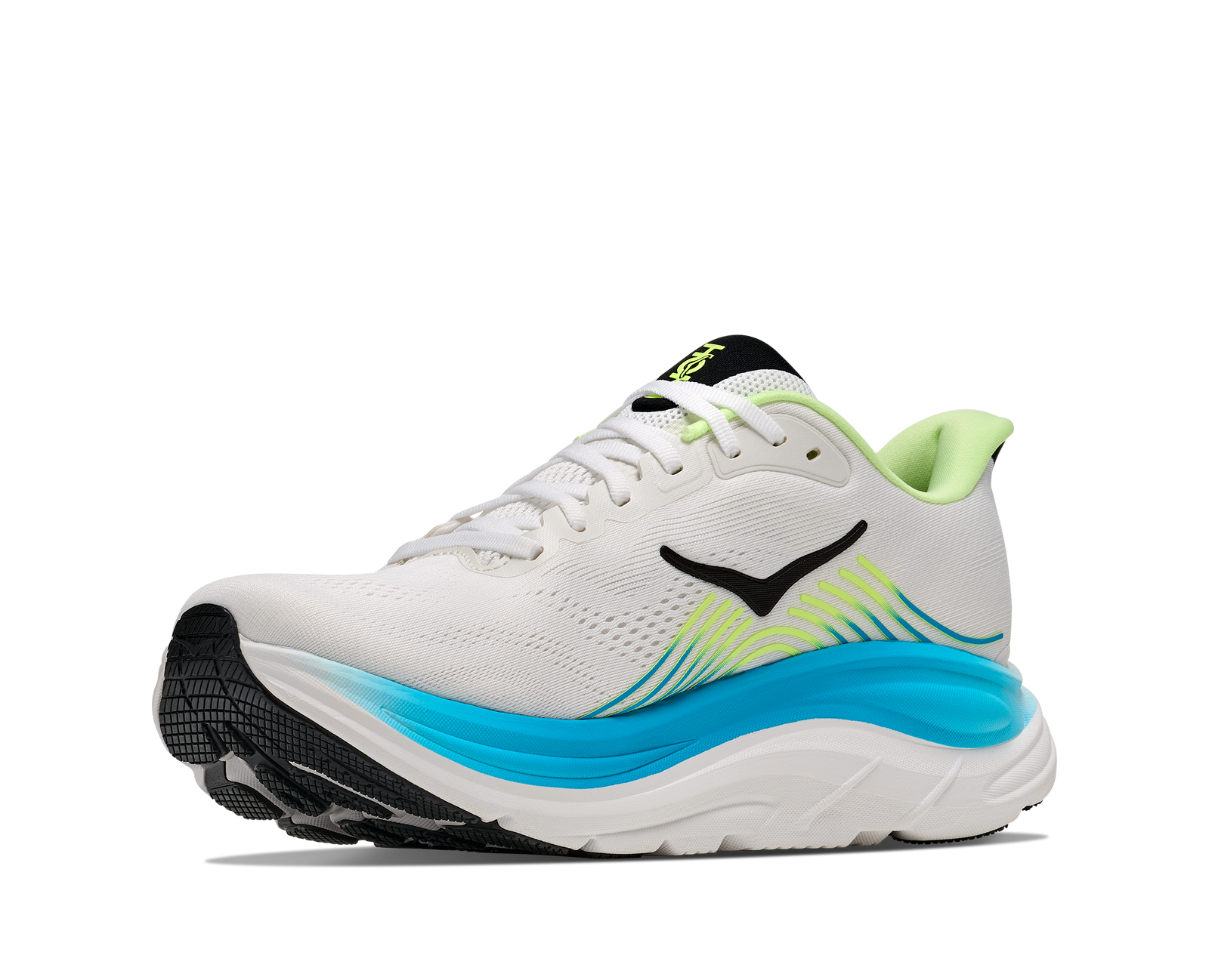hoka clifton 11 for men, lightweight cushioned road running and walking shoes, white with lime green and blue details, inside angle profile of shoe