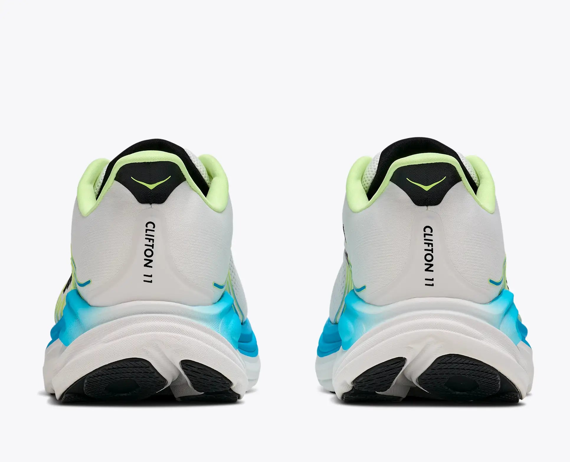 hoka clifton 11 for men, lightweight cushioned road running and walking shoes, white with lime green and blue details, back heels of shoe
