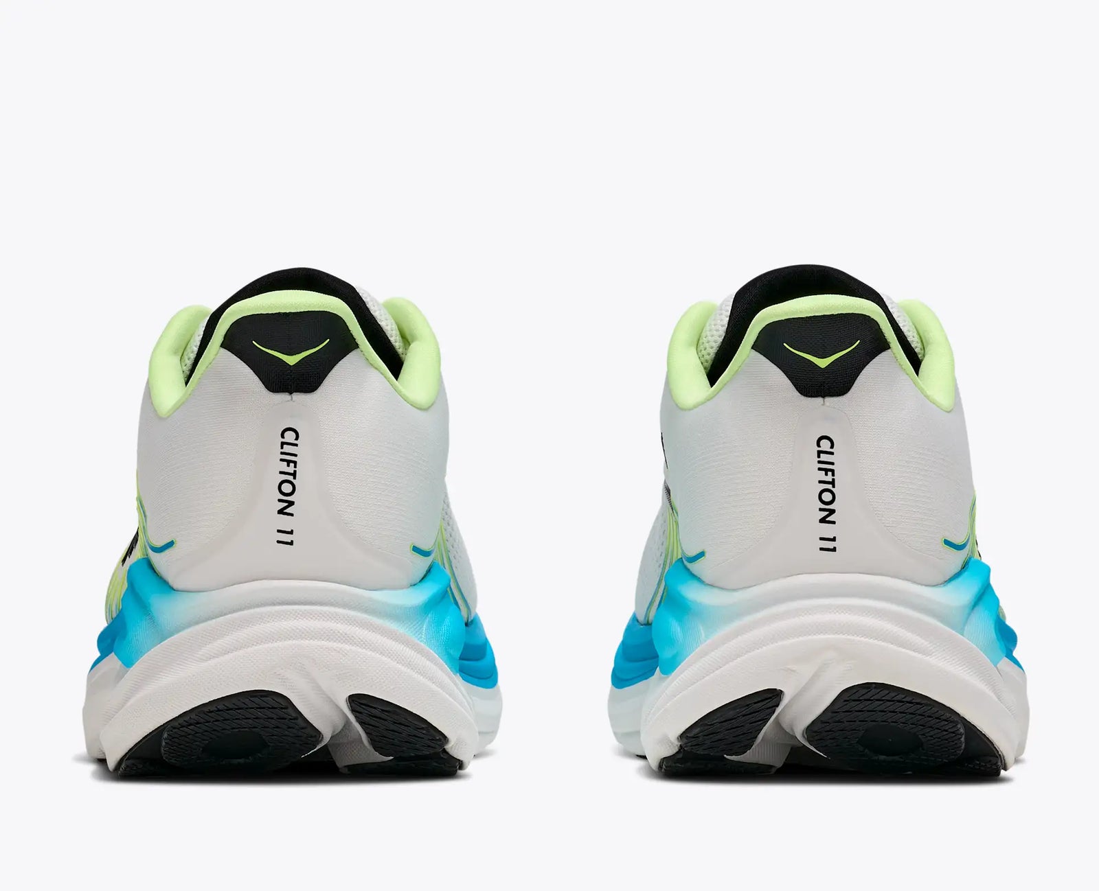 hoka clifton 11 for men, lightweight cushioned road running and walking shoes, white with lime green and blue details, back heels of shoe