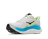 hoka clifton 11 for men, lightweight cushioned road running and walking shoes, white with lime green and blue details, inside angle profile of shoe