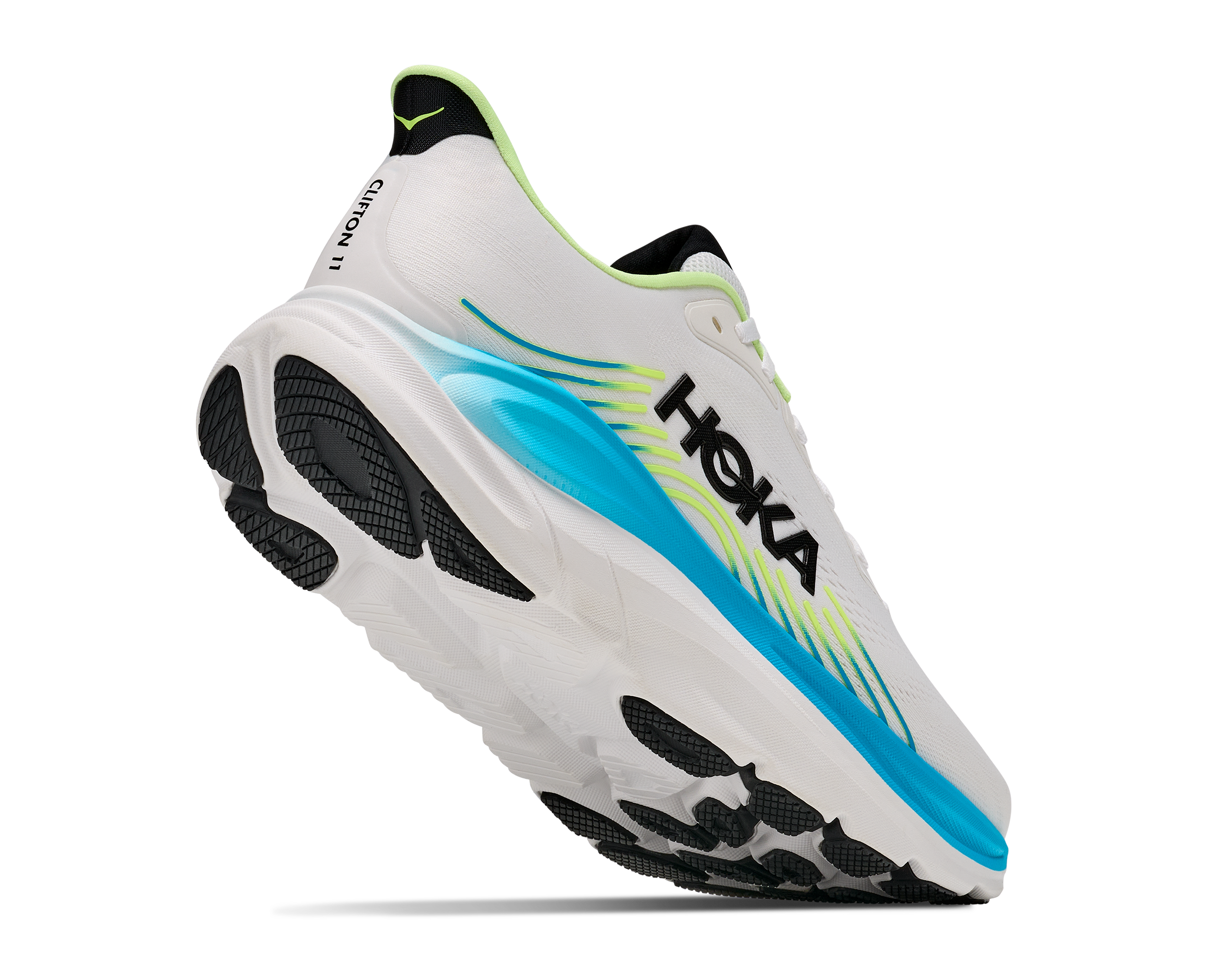 hoka clifton 11 for men, lightweight cushioned road running and walking shoes, white with lime green and blue details, lifted heels of shoe