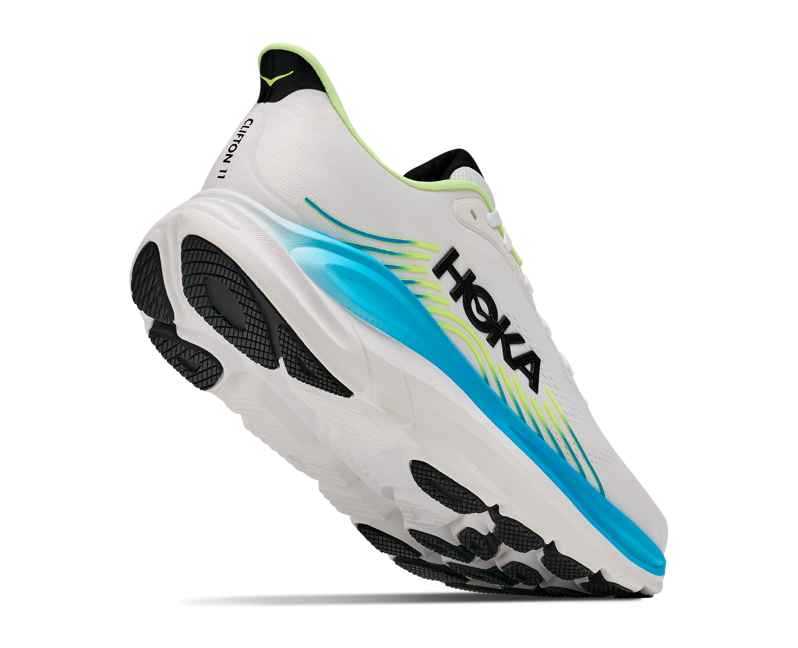 hoka clifton 11 for men, lightweight cushioned road running and walking shoes, white with lime green and blue details, lifted heels of shoe