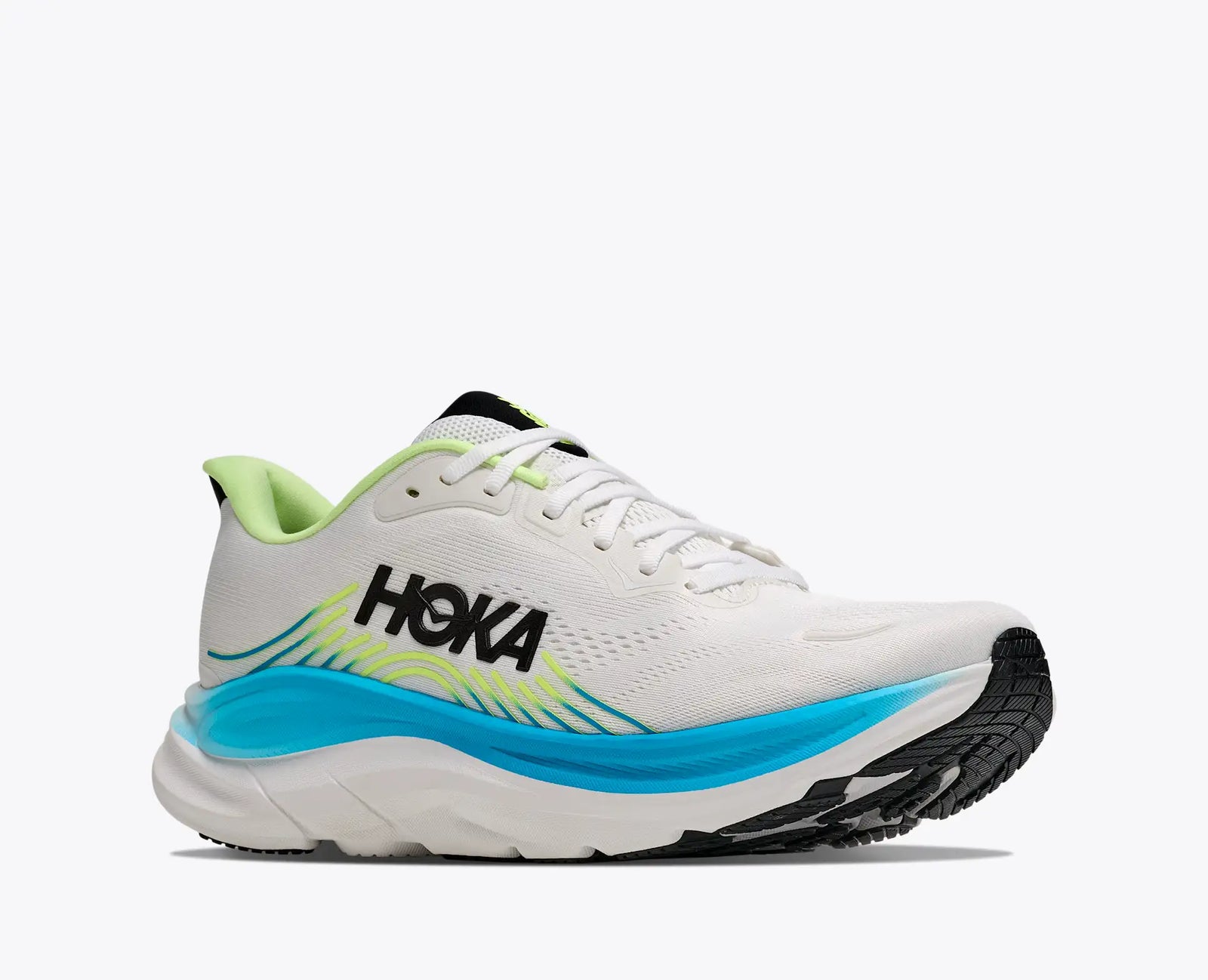 hoka clifton 11 for men, lightweight cushioned road running and walking shoes, white with lime green and blue details, side angled profile of shoe