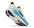 hoka clifton 11 for men, lightweight cushioned road running and walking shoes, white with lime green and blue details, lifted heels of shoe
